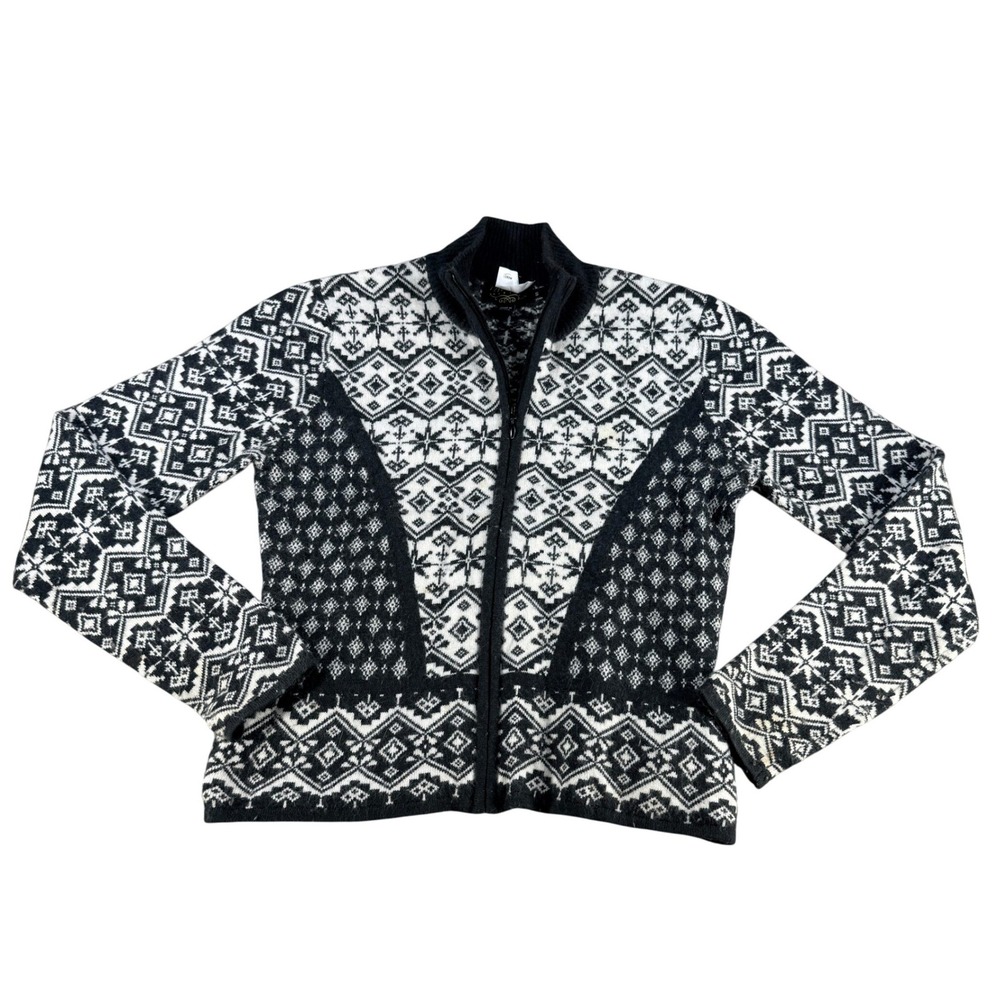 Icelandic Design Nordic Fair Isle Zip Cardigan Black White Small Angora 2006 Wmn